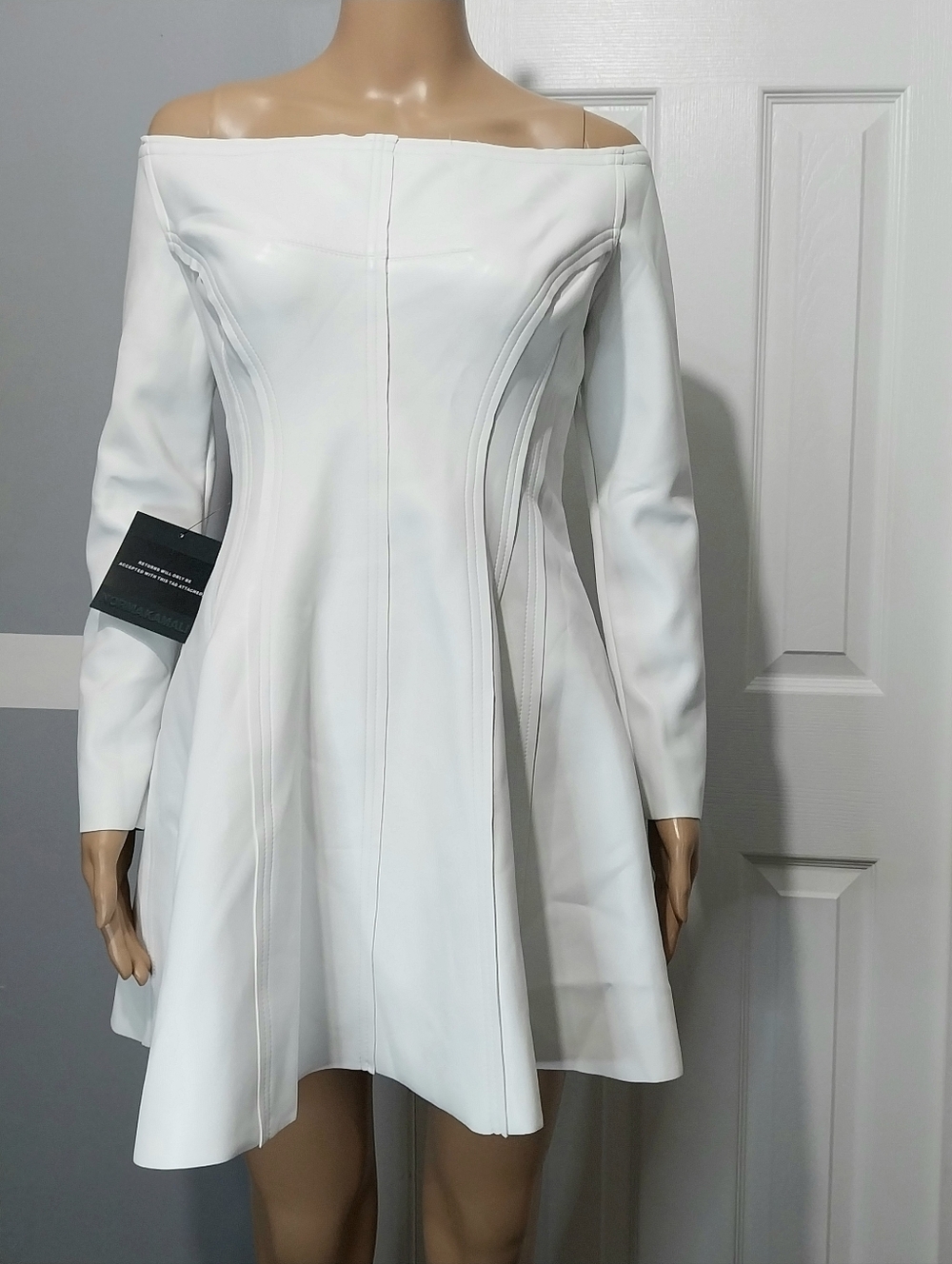 Norma‎ Kamali Grace Off-Shoulder Vegan Leather Mini Dress, NWT